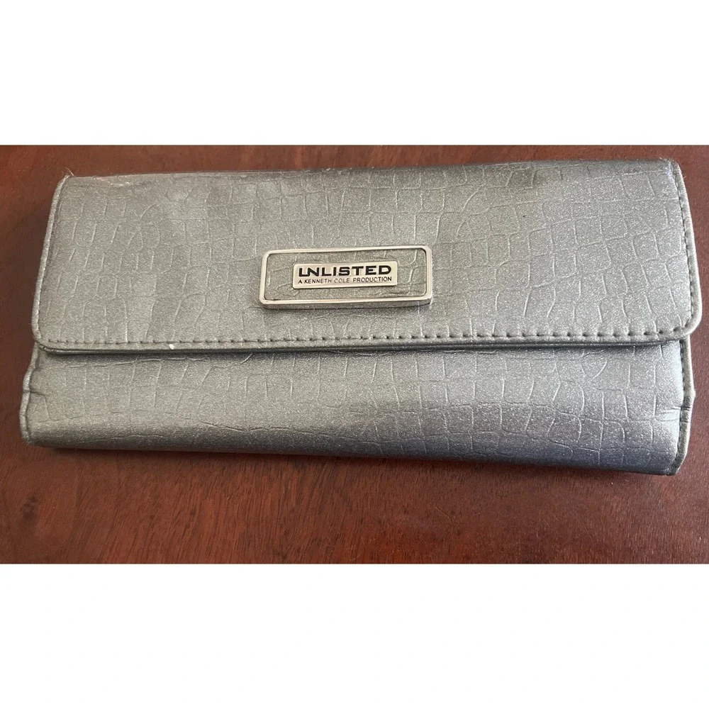 Silver Unlisted Kenneth Cole urban organizer clutch wallet faux leather exterior
